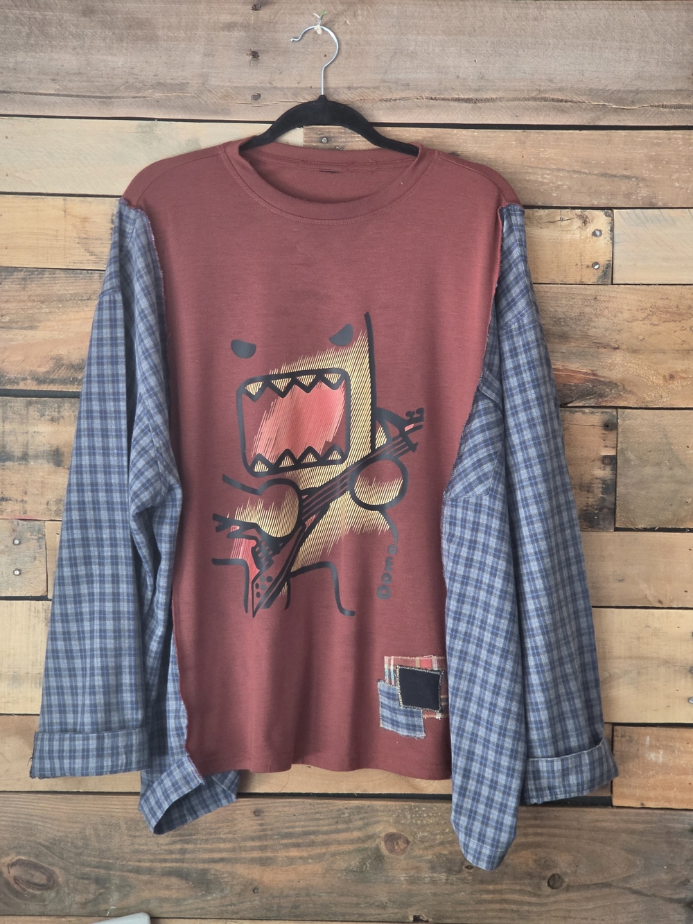 Upcycled Rust Graphic T-shirt  Long-Sleeve Plaid Sleeves